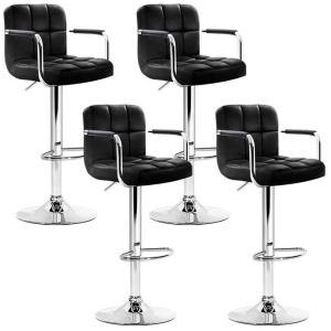 4x Bar Stools Leather Gas Lift w/Armrest Black