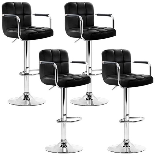4x Bar Stools Leather Gas Lift w/Armrest Black
