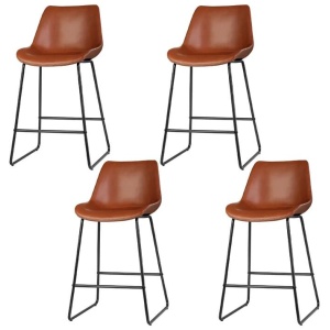 4x Bar Stools Leather Padded Metal Legs Brown