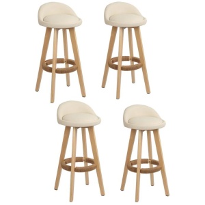 4x Bar Stools Padded Leather Wooden Beige