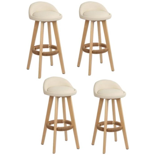 4x Bar Stools Padded Leather Wooden Beige