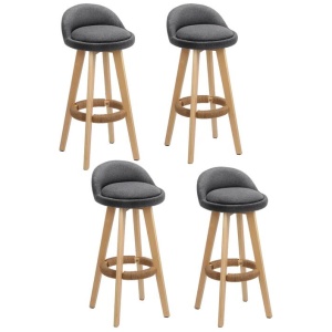 4x Bar Stools Padded Linen Wooden Grey