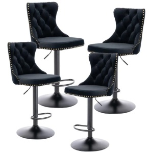 4x Height Adjustable Swivel Bar Stool Velvet Nailhead Barstool with Footrest
