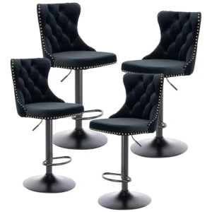 4x Height Adjustable Swivel Bar Stool Velvet Nailhead Barstool with Footrest