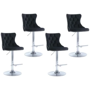4x Height Adjustable Swivel Bar Stool Velvet Studs Barstool with Footrest and Chromed Base- Black