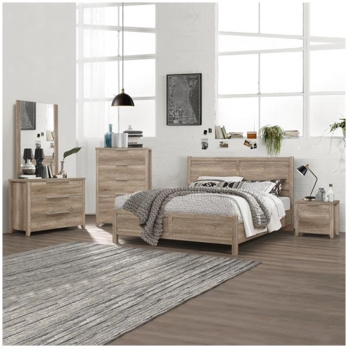5 Pieces Bedroom Suite Natural Wood Like MDF Structure King Size Oak Colour Bed, Bedside Table, Tallboy & Dresser
