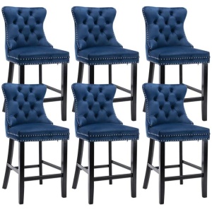 6X Velvet Bar Stools with Studs Trim Wooden Legs Tufted Dining Chairs Kitchen