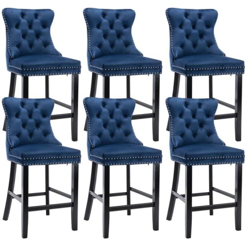 6X Velvet Bar Stools with Studs Trim Wooden Legs Tufted Dining Chairs Kitchen
