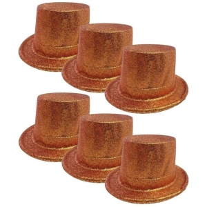 6x GLITTER TOP HAT Fancy Party Plastic Costume Tall Cap Fun Dress Up BULK - Orange - One Size