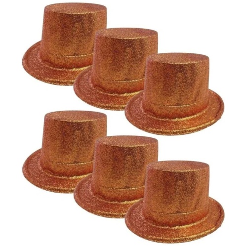 6x GLITTER TOP HAT Fancy Party Plastic Costume Tall Cap Fun Dress Up BULK - Orange - One Size