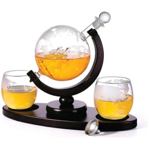 850ml Whiskey or Wine Globe Glass Decanter Set - 2x Glasses + Wooden Stand