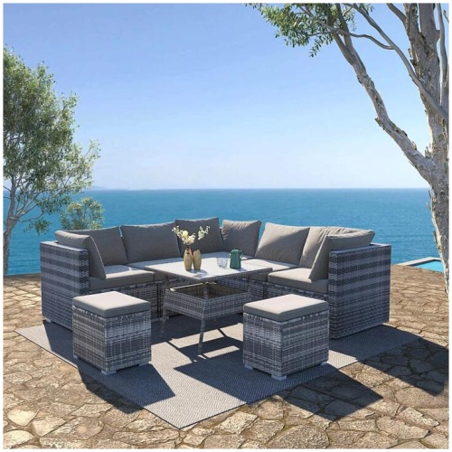 8PC Outdoor Dining Set Wicker Table & Chairs-Grey