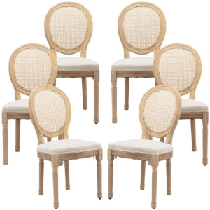 AADEN 6x Rattan Dining Chairs with Solid Wood Legs- Beige