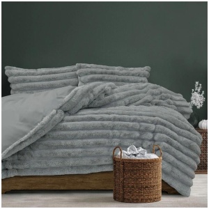 Ardor Jax Grey Chunky Faux Fur Quilt Cover Set Queen