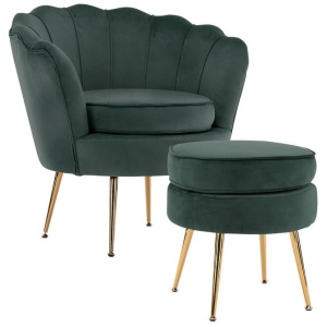 Armchair Lounge Chair Accent Velvet Shell Scallop + Ottoman Footstool Round GREEN