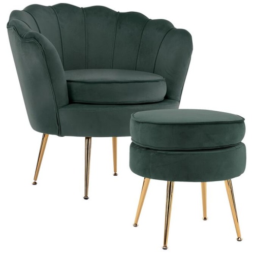 Armchair Lounge Chair Accent Velvet Shell Scallop + Ottoman Footstool Round GREEN