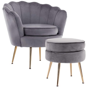 Armchair Lounge Chair Accent Velvet Shell Scallop + Ottoman Footstool Round GREY