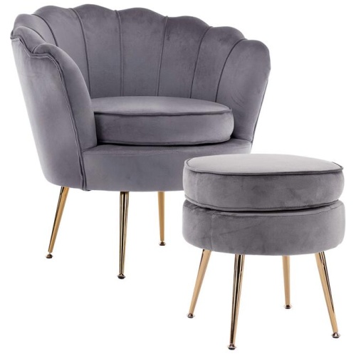 Armchair Lounge Chair Accent Velvet Shell Scallop + Ottoman Footstool Round GREY