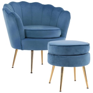 Armchair Lounge Chair Accent Velvet Shell Scallop + Ottoman Footstool Round NAVY BLUE