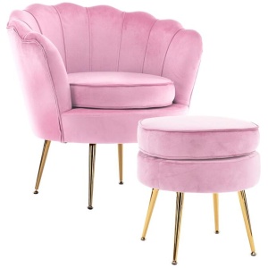 Armchair Lounge Chair Accent Velvet Shell Scallop + Round Ottoman Footstool PINK