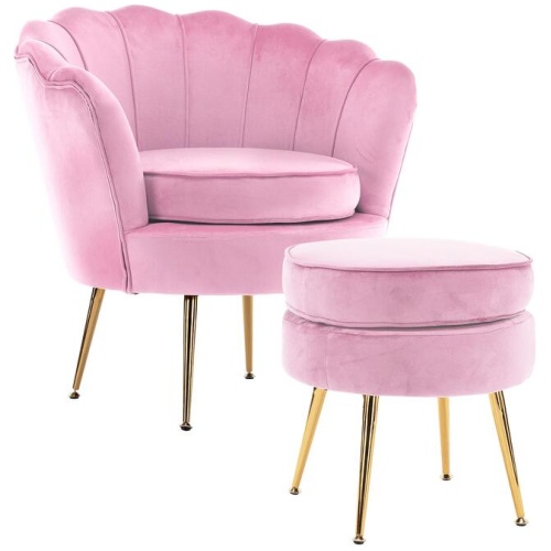 Armchair Lounge Chair Accent Velvet Shell Scallop + Round Ottoman Footstool PINK