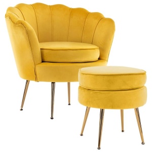Armchair Lounge Chair Accent Velvet Shell Scallop + Round Ottoman Footstool YELLOW