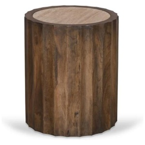 Avanti 45cm Travertine Top Round Side Table - Walnut by Interior Secrets - AfterPay Available