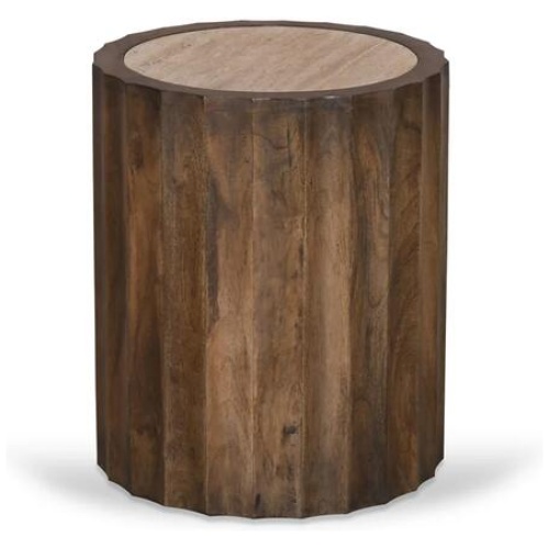 Avanti 45cm Travertine Top Round Side Table - Walnut by Interior Secrets - AfterPay Available