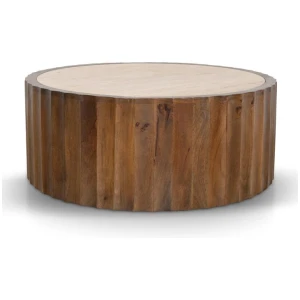 Avanti 89cm Travertine Top Round Coffee Table - Walnut by Interior Secrets - AfterPay Available