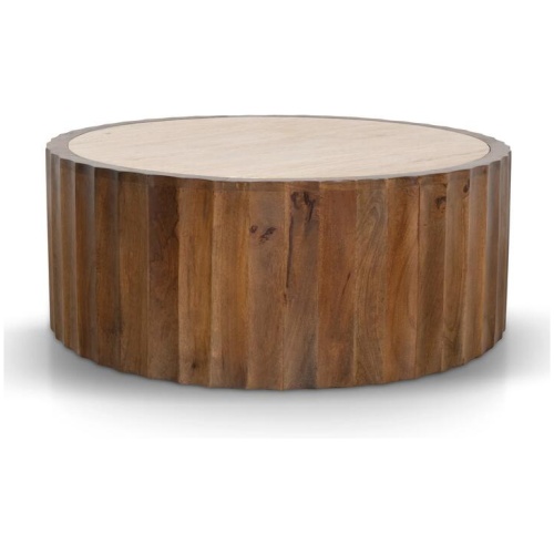 Avanti 89cm Travertine Top Round Coffee Table - Walnut by Interior Secrets - AfterPay Available