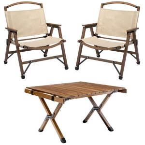 Bamboo Foldable Camping Table + 2 Chairs Waterproof Wood Wooden Travel Set Kit