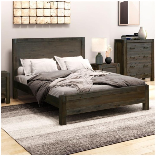 Bed Frame Double Size in Solid Wood Veneered Acacia Bedroom Timber Slat in Chocolate