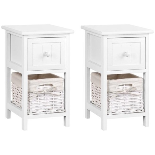 Bedside Table 1 Drawer with Basket Rustic White X2