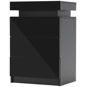 Bedside Table 3 Drawers RGB LED Bedroom Cabinet Nightstand Gloss GLORY BLACK