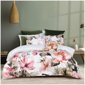 Bianca Eliana White Floral Printed Cotton Sateen Quilt Cover Set Queen