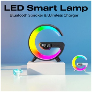 Black Smart G Lamp Night Light Bluetooth Speaker Wireless Charger LED RGB Alarm Clock