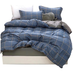 Blue Plaid Pattern Aloe Cotton Flat Sheet Quilt Cover Pillowcases 4pcs Bedding Set Duvet Doona Quilt Cover Set (Double)