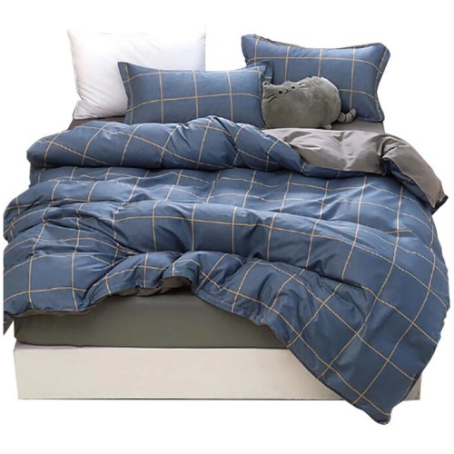 Blue Plaid Pattern Aloe Cotton Flat Sheet Quilt Cover Pillowcases 4pcs Bedding Set Duvet Doona Quilt Cover Set (Queen)