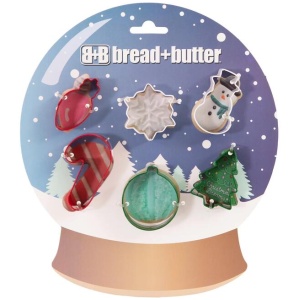 Bread and Butter Cookie Cutter - Globe, Flake, SnowMan, Cane, Sock, Tree - 6 Pk