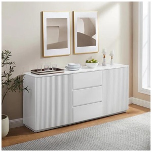 Buffet Ceramic Table Top MDF Cabinet Storage Stainless Steel In White