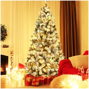 Costway1.8 M Artificial Christmas Tree with Metal Stand and 61CM Flocked Christmas Wreath for Festivals