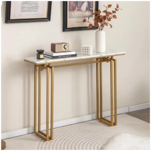 Costway110cm Faux Marble Console Table with Sturdy Metal Legs-Golden