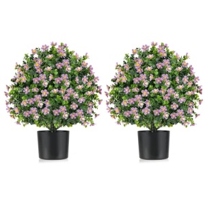 Costway2 Pack Artificial Boxwood Topiary Ball Tree with Flowers and Plastic Nursery Pot-Purple