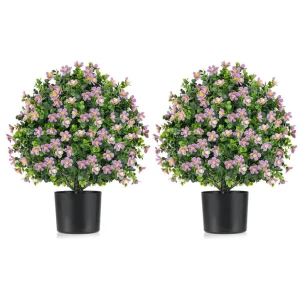 Costway2 Pack Artificial Boxwood Topiary Ball Tree with Flowers and Plastic Nursery Pot-Purple