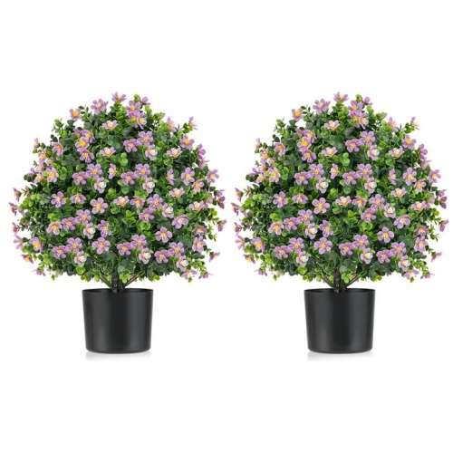 Costway2 Pack Artificial Boxwood Topiary Ball Tree with Flowers and Plastic Nursery Pot-Purple