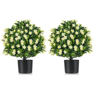 Costway2 Pack Artificial Boxwood Topiary Ball Tree with Flowers and Plastic Nursery Pot-White