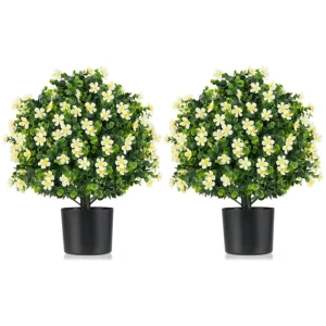 Costway2 Pack Artificial Boxwood Topiary Ball Tree with Flowers and Plastic Nursery Pot-White