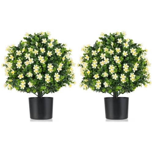 Costway2 Pack Artificial Boxwood Topiary Ball Tree with Flowers and Plastic Nursery Pot-White