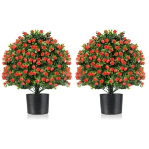 Costway2 Pack Artificial Rose Topiary Ball Tree with Flowers and Plastic Nursery Pot-Rose
