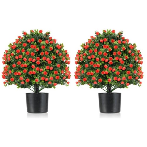 Costway2 Pack Artificial Rose Topiary Ball Tree with Flowers and Plastic Nursery Pot-Rose